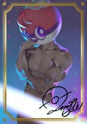 1boy 2019 abs ball_guy_(pokemon) big_muscles cap hat headgear headwear male male_only mostly_nude muscular muscular_male open_mouth open_smile pecs pokemon pokemon_ss rudenburg smile solo sparkles standing