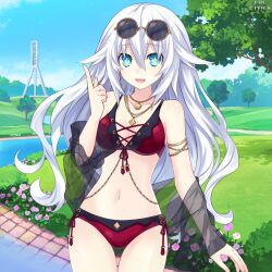 1girls aqua_eyes artist_request bikini black_heart compile_heart earrings female_only glasses glasses_on_head idea_factory long_hair navel necklace neptunia_(series) noire power_symbol-shaped_pupils solo solo_female white_hair