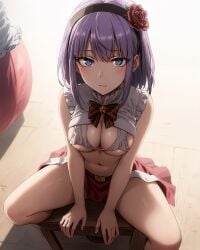 1girls ai_generated arm_support big_breasts bikini bikini_top_only blue_eyes bow breasts busty cleavage dagashi_kashi female female_only hairbow large_breasts legs long_hair looking_at_viewer navel purple_hair shidare_hotaru sitting skirt solo table thighs voluptuous