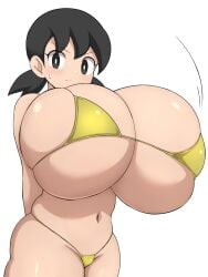 1girls 2023 2d aged_up angry angry_expression angry_face big_breasts bikini black_eyes black_hair blush bottomless breasts breasts_bigger_than_head clothed doraemon enormous_breasts female female_only gigantic_breasts hand_behind_back huge_breasts hyper hyper_breasts jaga334 legs light-skinned_female light_body light_skin looking_at_viewer partially_clothed shin-ei_animation shizuka_minamoto solo solo_female sweat sweating thick_thighs twintails upset white_background yellow_bikini