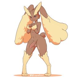 2023 absurd_res anthro balls bodily_fluids brown_body brown_fur femboy fur generation_4_pokemon genital_fluids genitals girly hi_res humanoid_genitalia humanoid_penis looking_at_viewer lopunny male male_lopunny navel nintendo nude penis pokemon pokemon_(species) precum solo tinysmallman