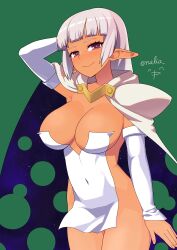 1girls arcana_heart arm_behind_head armpits big_breasts blush breasts busty cleavage covered_navel elf female female_only grey_hair heart heart-shaped_pupils highres large_breasts legs long_hair no_bra parace_l'sia pointy_ears pose posing purple_eyes sensual smile solo symbol-shaped_pupils