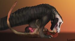 absurd_res anal anal_sex austroraptor dinosaur dromaeosaurid duo feral french_kissing head_in_mouth hi_res kissing knot male male/male oral penetration reptile scalie slit svevato theropod tyrannosaurid tyrannosaurus tyrannosaurus_rex vohten