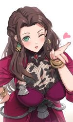 1girls big_breasts blowing_kiss brown_hair cleavage dorothea_arnault dress earrings fire_emblem fire_emblem:_three_houses fire_emblem_warriors:_three_hopes gonzarez green_eyes hand_on_hip heart huge_breasts nintendo solo voluptuous white_background wink