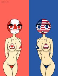 bad_anatomy bikini blue_background blue_eyes breachka canada_(countryhumans) countryhumans countryhumans_girl eyebrows humanoid light-skinned_female light_skin open_mouth questionable_anatomy red_background red_eyes simple_background united_states_of_america_(countryhumans)