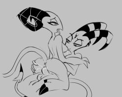 ass barbie_wire blitzo_(helluva_boss) breast_sucking brother_and_sister cowgirl_position demon greyscale_background helluva_boss hooves humanoid imp incest male/female nipple_sucking pussy pussy_juice saliva spade_tail spec_almond_(artist) tongue_out twins