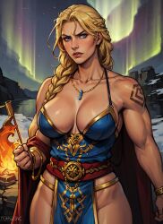 ai_generated athletic_female blonde_hair blue_eyes cleavage female fire freya_(norse_mythology) goddess long_hair mature mature_female medium_breasts mythology necklace night norse_mythology northern_lights outdoors scandinavian sole stable_diffusion valkyrie