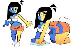 1girls alternate_costume ass assjob bent_over big_ass black_eyes black_hair blocky_body blue_skin buttjob eks-out ena hooters_uniform hot_dogging joel_g large_breasts newgrounds penis smile solo_female sponge water wide_hips yellow_skin