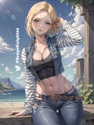 ai_generated android_18 android_girl big_breasts blonde_hair blue_eyes dragon_ball dragon_ball_super dragon_ball_z erogeknight female jeans large_breasts light_skin navel sleeves solo solo_female solo_focus stable_diffusion torn_clothes