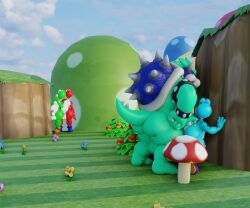 2023 3d_(artwork) 4boys anal anal_sex anthro ass balls being_watched blender_(software) bowser cyan_yoshi digital_media_(artwork) dinosaur duo erection fan_character flower fungus gay gay_anal gay_sex genitals goeybowser gowser_(goeybowser) green_yoshi group hair hill horn jewelry koopa looking_at_another male male/male male_penetrated male_penetrating male_penetrating_male mario_(series) mushroom nintendo nipples nude outdoors penetration penis plant red_yoshi reptile scalie sex shell simple_background spikes super_mario_bros. tail tail_grab yoshi yoshi_(character)