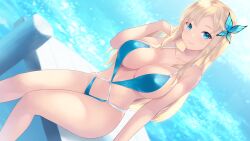 bikini blonde_hair blue_eyes boku_wa_tomodachi_ga_sukunai butterfly_hair_ornament cait_aron gold_hair huge_breasts looking_at_viewer ocean sena_kashiwazaki sideboob smile smiling_at_viewer swimsuit