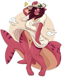 anthro big_tail blush bottomless breasts clothed clothing dress female fin fish freckles genitals hat headgear headwear hi_res marine no_underwear pussy red_body shark simple_background slightly_chubby slightlysimian solo standing sun_hat tail tail_fin thick_tail upskirt wardrobe_malfunction white_background