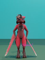 3d anthro arm_on_hip ass avali avali_(original) avian black_hair blender_(software) digital_media_(artwork) dominant feathered_wings feathers genitals hair hell hi_res kitavali long_wings male penis relaxed_expression serious snowie1_(artist) solo standing stern tail wings