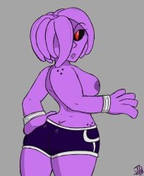 anthro big_ass big_breasts black_sclera booty_shorts butt_crack dragon_ball_xenoverse female_majin hand_on_butt inverted_nipples majin monster_girl original_character rear_focus rear_view red_eyes seductive_look topless virus_lewds