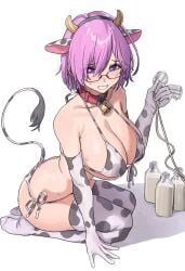 aochoku big_breasts bikini bikini_top blue_eyes cow_ears cow_girl cow_horns cow_print cow_tail cowbell fake_animal_ears fake_horns fate/grand_order fate_(series) female female_focus female_only glasses lactating lactation large_breasts mash_kyrielight milk milk_bottle milking milking_machine on_knees purple_hair short_hair solo solo_female solo_focus thick_thighs thighs