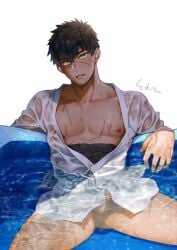 1boy bara bare_pectorals black_hair bottomless bulge comiket_96 cover cover_page covered_abs dark-skinned_male dark_skin doudanuki_masakuni doujin_cover erection erection_under_clothes feet_out_of_frame head_tilt looking_at_viewer male_focus midriff_sarashi muscular muscular_male naked_shirt nipples open_clothes open_shirt pectorals penis penis_peek pool sarashi see-through shadow shidatsu_takayuki shirt short_hair solo textless_version touken_ranbu water wet wet_clothes wet_shirt yellow_eyes