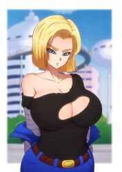 android android_18 blonde blonde_female blonde_hair blue_eyes busty dragon_ball dragon_ball_super dragon_ball_z huge_breasts inhus light-skinned_female light_skin medium_hair shirt_rip torn_clothes