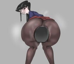 1girls anal ass ass_focus black_eyes black_hair blush buttplug clothed_masturbation clothing_insertion dildo dildo_in_ass female gigantic_ass huge_ass huge_buttplug huge_dildo komi-san_wa_komyushou_desu komi_shouko leggings looking_back pon_(artist) school_uniform schoolgirl sex_toy steam sweat