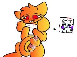 animal_genitalia biting_lip boob_(kittydogcrystal) breasts closed_eyes crystal_(kittydogcrystal) cum furry gradient_fur kittydog_(species) kittydogcrystal knot knotted_penis masturbation nosebleed orange_fur tail_masturbation yellow_fur