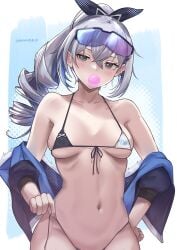 bubble_gum eyewear_on_head honkai:_star_rail micro_bikini signature silver_wolf_(honkai:_star_rail) small_breasts sunglasses_on_head taking_off_panties tinnies