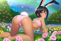 1boy ai_generated all_fours ass ass_focus big_ass big_butt black_hair bunny_ears bunny_tail crop_top femboy flower garden girly looking_at_viwer looking_back novelai panties pink_eyes presenting_hindquarters rabbit_ears rabbit_tail rainbow rear_view short_hair smile smiling smiling_at_viewer