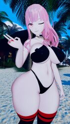 3d 5_fingers beach big_breasts black_panties cleavage female female_only hololive hololive_english hololive_myth huge_breasts humanoid large_breasts light-skinned_female light_skin looking_at_viewer mori_calliope outdoors outside painted_nails pale-skinned_female pale_skin peace_sign pink_hair sand solo standing the3ndergamer thick thighhighs virtual_youtuber