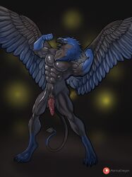 2023 abs after_transformation animal_genitalia animal_penis anthro avian biceps black_body black_feathers blue_body blue_feathers blurred_background clothing curved_tail feathers feline_genitalia feline_penis flaccid flexing_biceps genitals glistening glistening_body gryphon hi_res looking_at_viewer male muscular muscular_male mythological_avian mythology pecs penile_spines penis pose reckless_rocket rubber rubber_clothing rubber_suit smile smiling_at_viewer solo species_transformation spread_wings standing transformation wings yellow_sclera