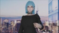 3d ahwlly ahwlly_(artist) animated blue_hair bob_cut choker city earrings glasses heart mole mole_under_eye pink_eyes self_insert short_hair sound sweater tagme video