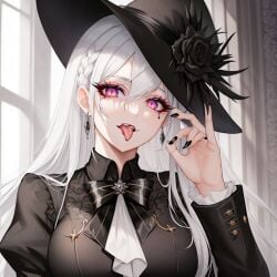 ai_generated big_breasts black_bow black_dress black_hat goth goth_girl mascara oc ok_sign original_character pink_eyes seductive sunhat tongue tongue_out unstable_diffusion vampire violet_dabria_(oc) white_hair