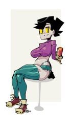 black_hair drink hatgirl_(toonguy100) large_ass large_breasts looking_at_viewer original_character sitting skirt sweater thick_thighs thighhighs toonguy100