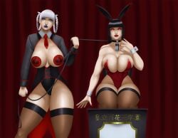 2girls anmatiel bami_clan_(kakegurui) black_hair bunny_costume bunny_ears bunny_girl bunnysuit collar detached_collar jabami_yumeko kakegurui looking_at_viewer momobami_kirari pantyhose queen_of_spades red_eyes spade_pasties tagme white_hair