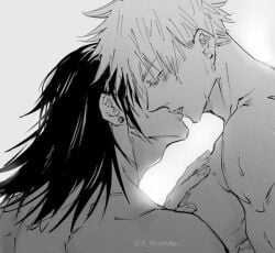 2023 2boys black_and_white black_hair black_hair_male blushing earring eyes_closed gay gay_male hand_on_chest jujutsu_kaisen kiss kissing long_hair long_hair_male long_haired_male male/male muscles satoru_gojo short_hair short_hair_male six_richman suggestive_pose suggestive_posing suguru_geto sweat sweatdrop sweating sweaty_body white_hair white_hair_male yaoi