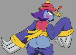 blue_skin clothing darkstalkers freckles_on_ass from_behind hsien_ko jiangshi lei-lei lei_lei panties pants pants_down pink_panties purple_hair round_butt surprised virus_lewds yellow_eyes