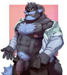 2022 abs anthro balls barazoku beard black_body black_fur blue_eyes blue_hair blue_highlights blue_tail_tip bodily_fluids body_hair bottomwear braxe canid canine canis chest_hair clothed clothing domestic_dog dripping facial_hair floppy_ears fur genital_fluids genitals hair hi_res highlights_(coloring) hugothecorgo jacket male mammal muscular muscular_anthro muscular_male nipples open_bottomwear open_clothing open_jacket open_pants open_topwear pants pecs portrait precum precum_drip solo three-quarter_portrait topwear