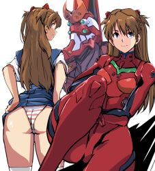 1girls ass asuka_langley_sohryu blue_eyes dual_persona female female_only kamisimo_90 long_hair mecha neon_genesis_evangelion orange_hair panties pilot_suit presenting red_bodysuit school_uniform solo souryuu_asuka_langley striped_panties