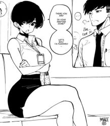 black_and_white english_text norman_maggot office_lady olive_laurentia short_hair sitting thighs_bigger_than_head