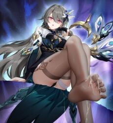 :o absurdres blush brown_thighhighs crossed_legs cum cum_on_body cum_on_feet cum_on_legs feet female foot_out_of_frame from_below grey_hair hair_between_eyes hair_ornament highres honkai_(series) honkai_impact_3rd long_hair looking_at_viewer looking_down open_mouth red_eyes sitting soles thighhighs thighs toes vita_(honkai_impact) wu_ganlan_cai