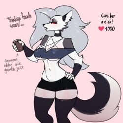 anthro armwear big_breasts biped black_body black_fur black_lip bottomwear breasts canid canid_demon cheek_tuft choker cleavage clothed clothing container demon dialogue digital_media_(artwork) digitigrade ear_pearcing elzzombie english_text facial_tuft fluffy fluffy_tail fur fur_tuft grey_body grey_fur grey_hair growth_drive gynomorph hair heart hellhound helluva_boss hi_res intersex jewelry knot legwear lips long_hair looking_pleasured loona_(helluva_boss) mammal midriff multicolored_body multicolored_fur navel necklace open_mouth pentagram red_sclera shaded shorts simple_background solo sound_effects standing tail text thigh_highs topwear tuft under_boob white_body white_fur