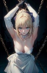 ai_generated angry angry_face armpits arms_behind_head arms_up artoria_pendragon breasts chain chained chains closed_eyes fate/grand_order fate/stay_night fate_(series) saber stable_diffusion tied_hands tied_up wakipai wedding_dress white_dress