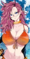 android_21 android_21_(human) arc_system_works big_breasts bikini_top blue_eyes bracelets dragon_ball dragon_ball_fighterz ear_piercing ear_ring elbow_gloves female glasses long_hair omochi_db orange_bikini_top voluptuous_female vomi_(dragon_ball)