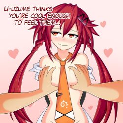 barely_clothed blush breast_grab breasts embarrassed english_text hairclip heart holding_breast light-skinned_female looking_away necktie neptunia_(series) orange_eyes presenting_breasts red_hair santystuff smile solo talking_to_viewer twintails uzume_tennouboshi