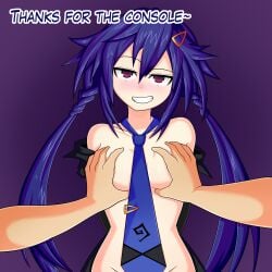 barely_clothed blue_hair blush breast_grab breasts english_text hairclip kurome_ankokuboshi light-skinned_female looking_at_viewer necktie neptunia_(series) purple_eyes santystuff satisfied smile solo talking_to_viewer teeth_showing twintails