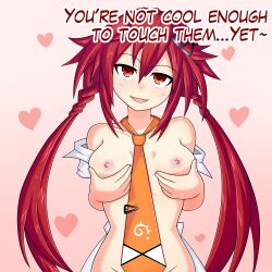 1girls barely_clothed breast_hold breasts english_text hairclip heart holding_breast light-skinned_female looking_at_viewer low_twintails necktie neptunia_(series) nipples open_mouth orange_eyes presenting_breasts red_hair santystuff self_fondle small_breasts smile solo talking_to_viewer teasing uzume_tennouboshi