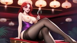 biting_lip black_legwear black_stockings breasts breasts_out_of_clothes exposed_breasts horny_villa jessica_(horny_villa) lip_biting nutaku red_eyes red_hair red_lipstick stockings wine