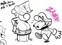 1boy 1girls ass ass_awe awooga big_ass breasts bulging_eyes eyes_bugging_out ghost ghost_girl hat male mario mario_(series) naked nude paper_mario paper_mario:_the_thousand-year_door pipes sideboob sketchydrawin stuck stuck_in_pipe vivian_(paper_mario) warp_pipe zamn!