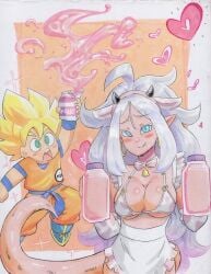 adorable android_21 big_breasts couple cute cute_face dragon_ball dragon_ball_fighterz happy happy_couple lactation long_hair love lovers maid maid_uniform majin majin_android_21 milk pink_skin son_goku tail uri_artsu white_hair wholesome