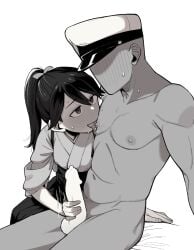 1boy admiral_(kantai_collection) blush faceless faceless_male female full-face_blush geso_smith greyscale hakama handjob hat highres houshou_(kantai_collection) japanese_clothes kantai_collection kimono licking licking_nipple monochrome nipples open_mouth peaked_cap penis ponytail simple_background tongue tongue_out white_background