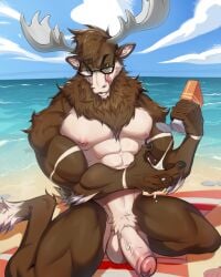 anthro beach biff_the_moose capreoline deer eyewear genitals glasses gleotee hi_res male mammal moose muscular muscular_male penis presenting seaside solo suntan_lotion tongue tongue_out