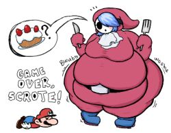 1girls ass_shake bbw belly belly_focus belly_overhang belt big_ass big_belly big_butt boots cake chubby chubby_female duo english_text fat fat_ass female fork gourmet_guy handkerchief knife larger_female male mario_(series) mask masked_female nintendo oc original_character overweight overweight_female paper_mario shy_gal ssbbw unconscious unconscious_male wobble