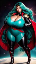 ai_generated big_breasts breasts full_figured heroine huge_breasts large_breasts long_hair massive_breasts superhero_costume superheroine thick_thighs thighs tight_clothing turquoise_hair wide_hips